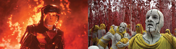 AT LEFT, simulation artists at ILM put Spock (Zachary Quinto) inside fiery CG lava, and at right, added digital doubles to practical and digital environments