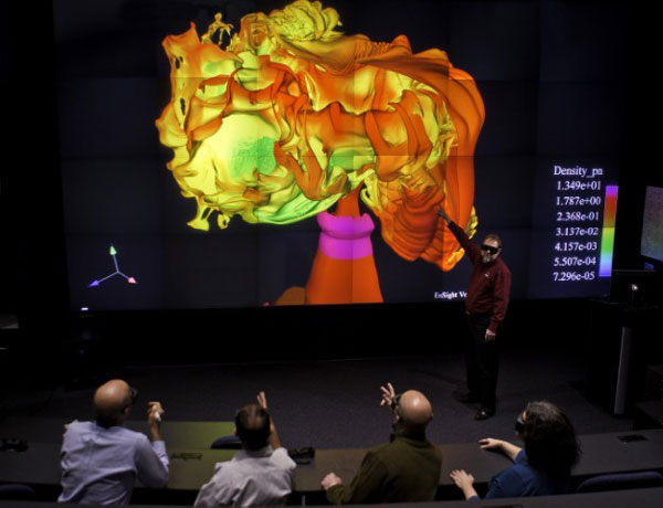 The Powerwall is used by Los Alamos National Lab scientists to view objects and processes in 3D.