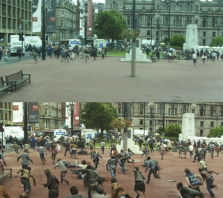 CINESITE ARTISTS handled shots in Glasgow and at night in
Korea. At top, the live-action plate. At bottom, digital extras
run from CG zombies.