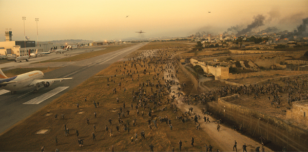 MPC artists created shots in Israel, such as this one with a digital airplane and thousands of CG zombies.